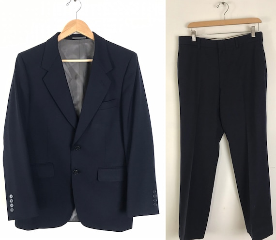 80s Navy Blue Two Piece Suit Mens Size 38R & 32W,