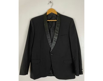Vintage Black Tuxedo Jacket Mens Size 44, Black Satin Shawl Lapel Tuxedo Jacket, Formal Black Tie Event Wedding Mens Tux Jacket