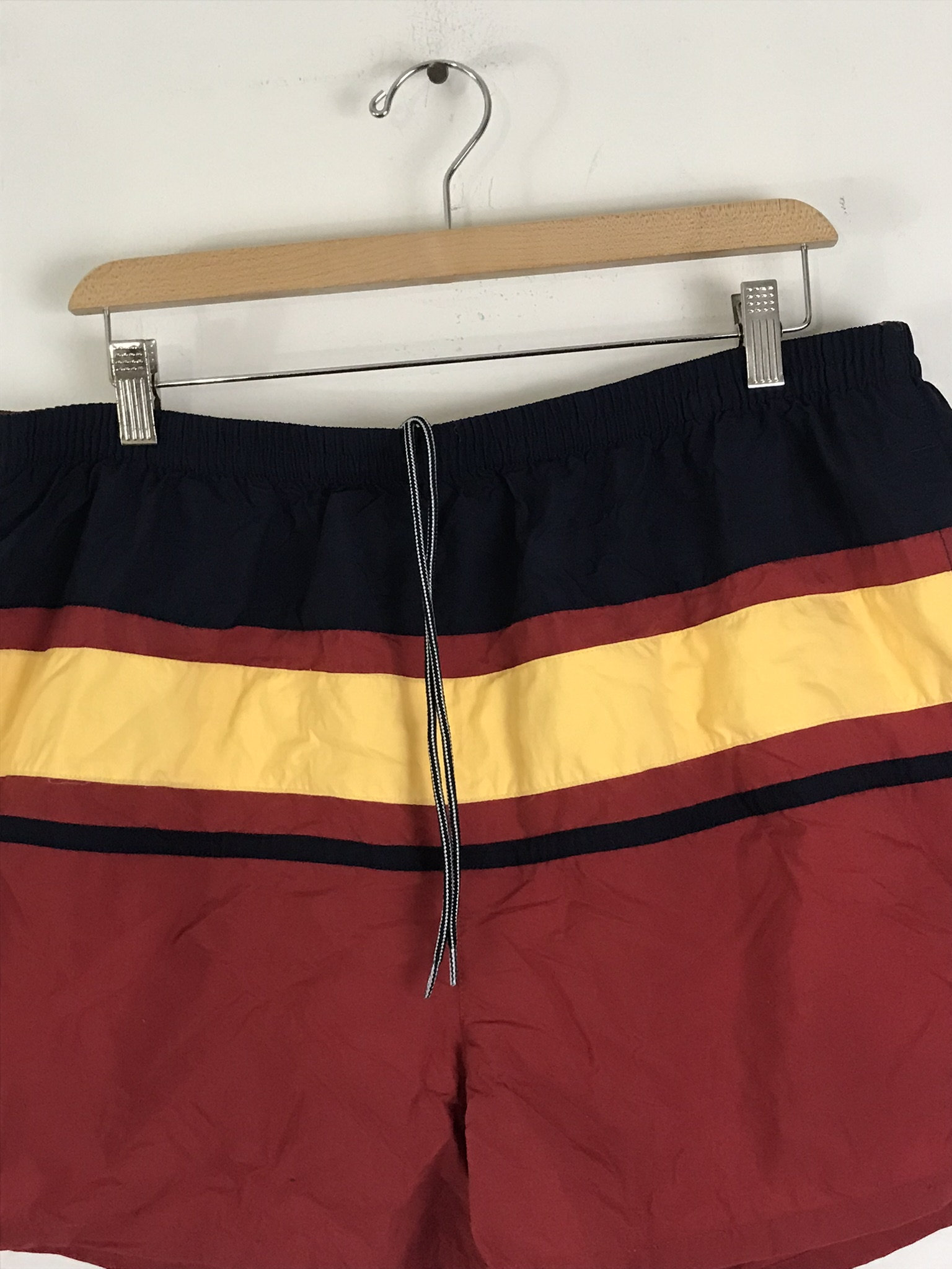 90s Nautica Red Yellow & Red Striped Short Swim Trunks Mens
