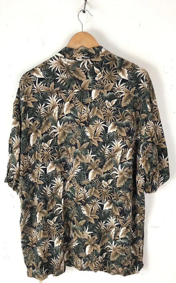 90s Brown & Green Leaf Print Hawaiian Shirt Mens … - image 5