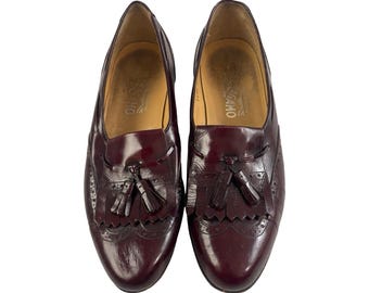 Vintage Salvatore Ferragamo Shoes Men 9D | Brązowe skórzane mokasyny z frędzlami i skrzydełkami z przodu | Męskie buty wizytowe