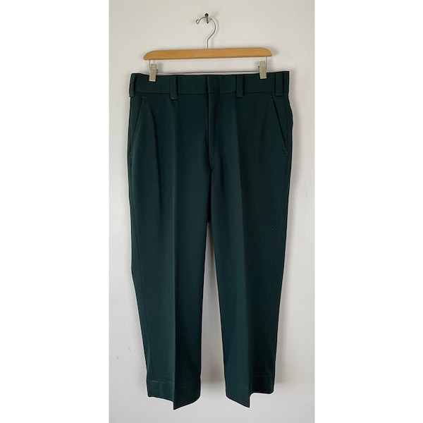 Vintage Dark Green Cropped Pants Mens Size 36 Waist, 1970s Handmade Hunter Green Polyester Pants, Retro Funky Cropped Mens Pants