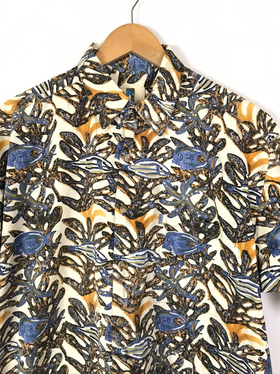 Vintage Mens Hawaiian Fish Print Shirt, Yellow & … - image 3