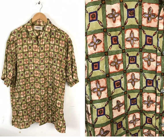 90s Green Orange & Purple Abstract Print Shirt Men