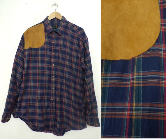 red in yellow flannel button up 1990/'s plaid blue and green