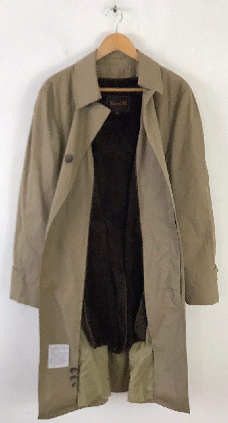 80s Mens Coat Faux Fur Lined Mens Coat Vintage Tan Trench Coat with Brown Faux Fur Lining Mens Size 40 Long Tan Trench Overcoat