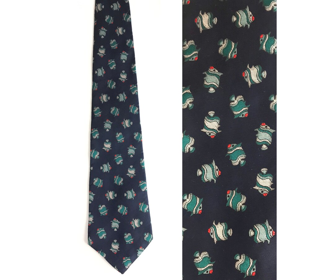 Vintage Mens Fish Tie, Blue Teal Fish Print Tie, Micro Print Tie, Fish