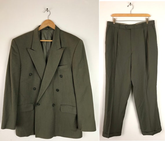 Vintage Olive Green Double Breasted Two Piece Suit