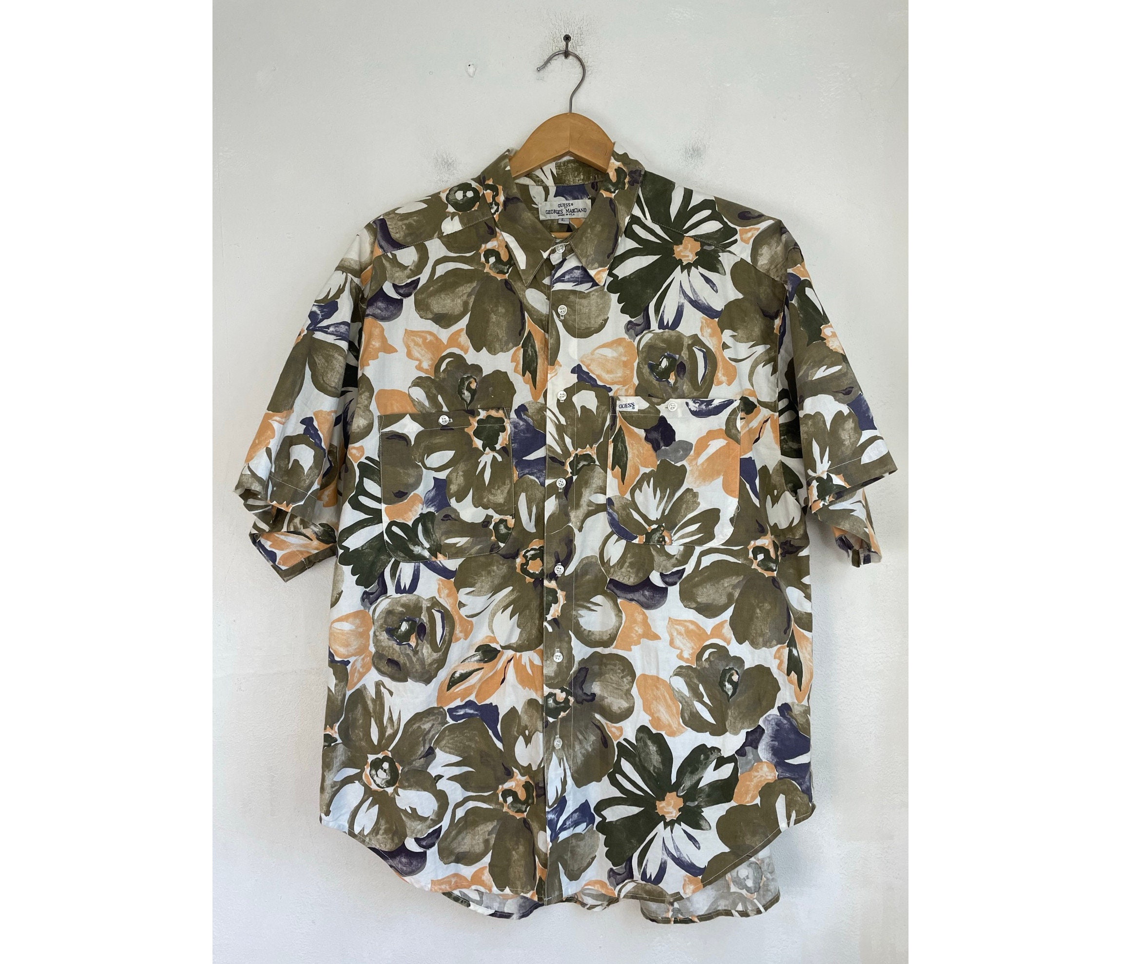 Vintage Guess Floral Shirt Mens Large XL Green Yellow Flowered Button Down Shirt Preppy Floral Mens Tropical Hawaiian Shirt