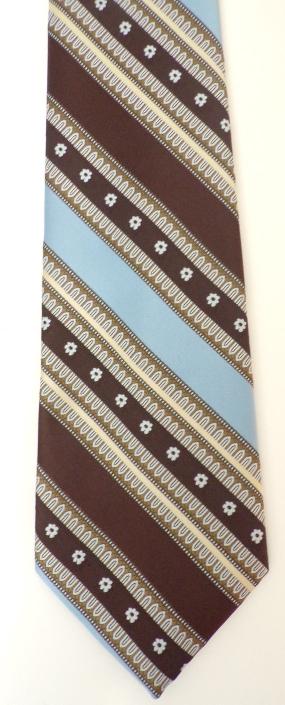 80s Brown & Light Blue Striped Floral Tie, Strawb… - image 2