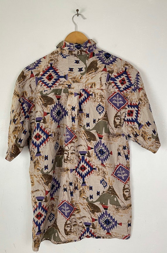 Vintage Brown Aztec Print Silk Button Down Shirt … - image 6