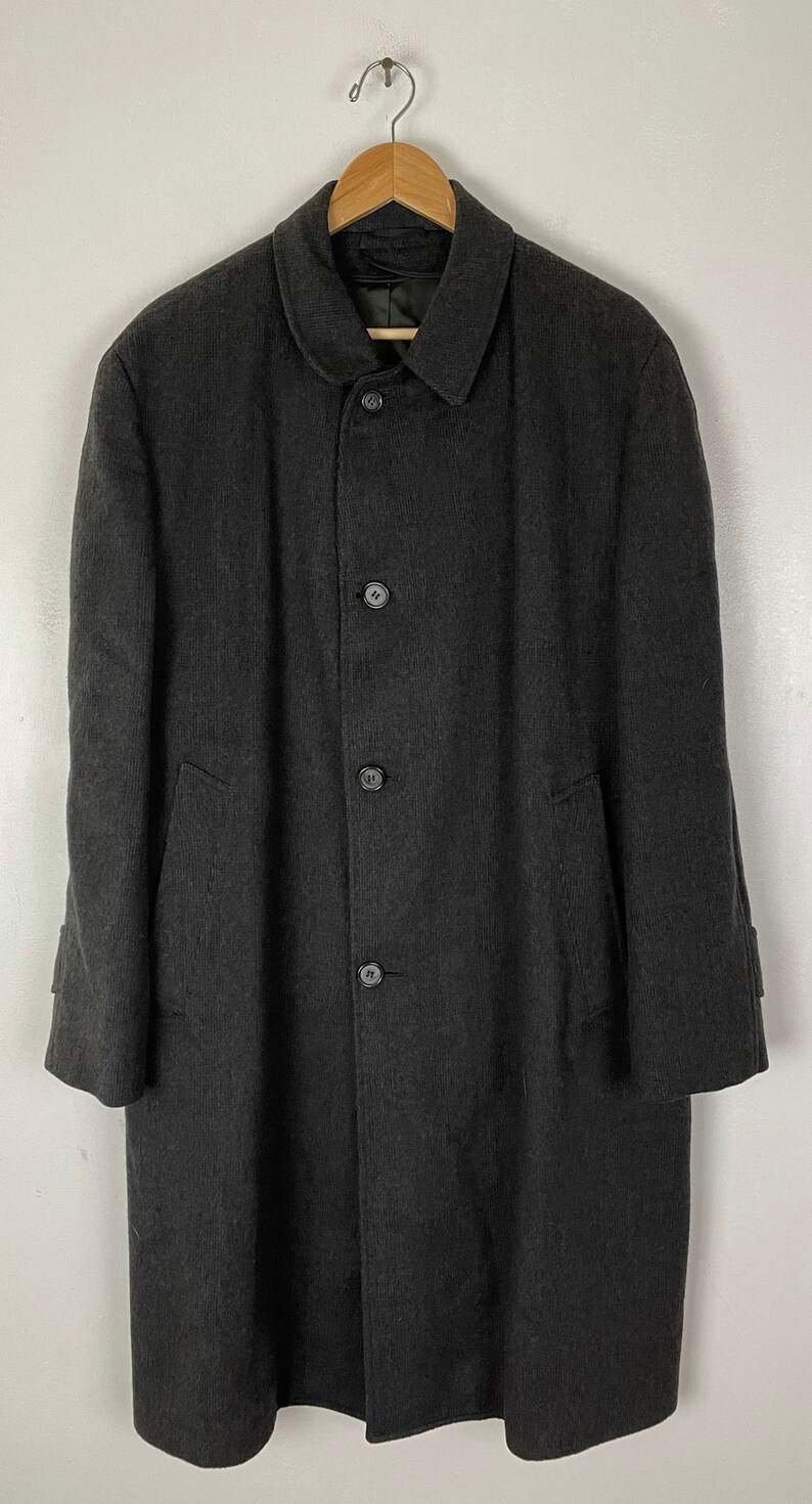 60s Black Plaid Wool Overcoat Mens Size XL, Vintage Classic Black Winter Wool Coat, 1960s Preppy Plaid Business Formal Overcoat image 2
