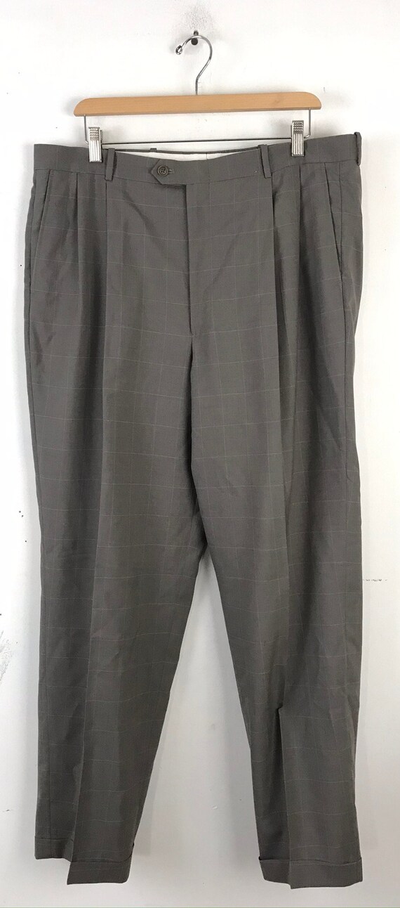 90s Tan Plaid Two Piece Suit Mens Size 43R & 38W,… - image 8