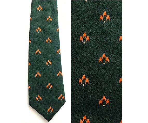 70s Dark Green & Orange Abstract Print Wide Tie, V