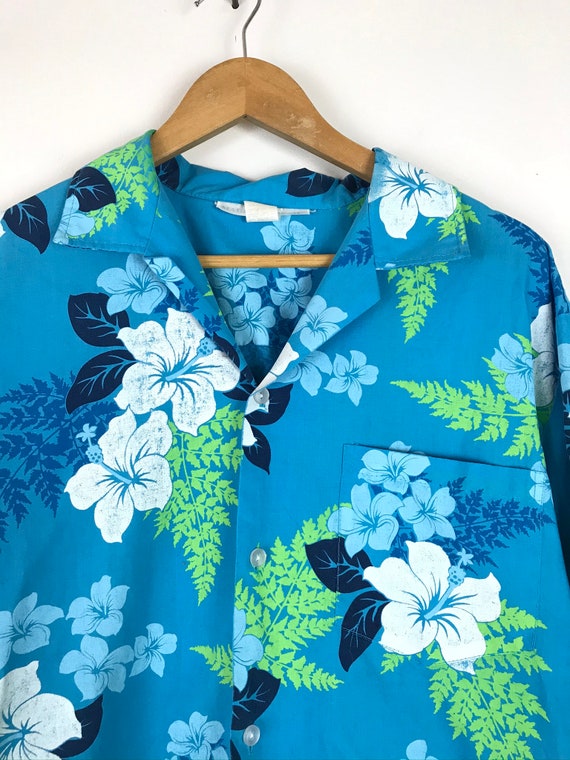 Vintage Blue Green & White Floral Hawaiian Shirt … - image 3