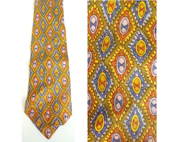 Vintage Mens Abstract Tie, 1980s Yellow Orange Bl… - image 1