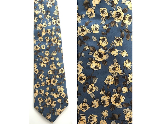 90s Blue & Yellow Flowers Tie, Flowered Necktie, … - image 1