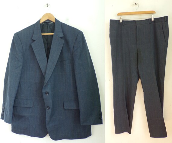 Vintage Blue Brown Plaid Two Piece Suit Mens Size