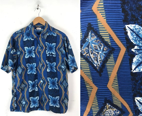 Vintage Blue & Brown Print Hawaiian Shirt Mens Lar