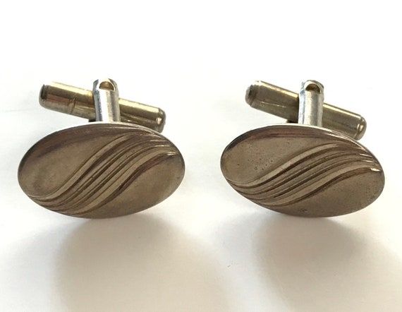 Vintage Silver Oval Cuff Links, Abstract Swirl Si… - image 1