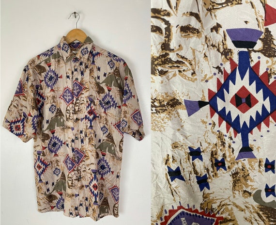 Vintage Brown Aztec Print Silk Button Down Shirt M