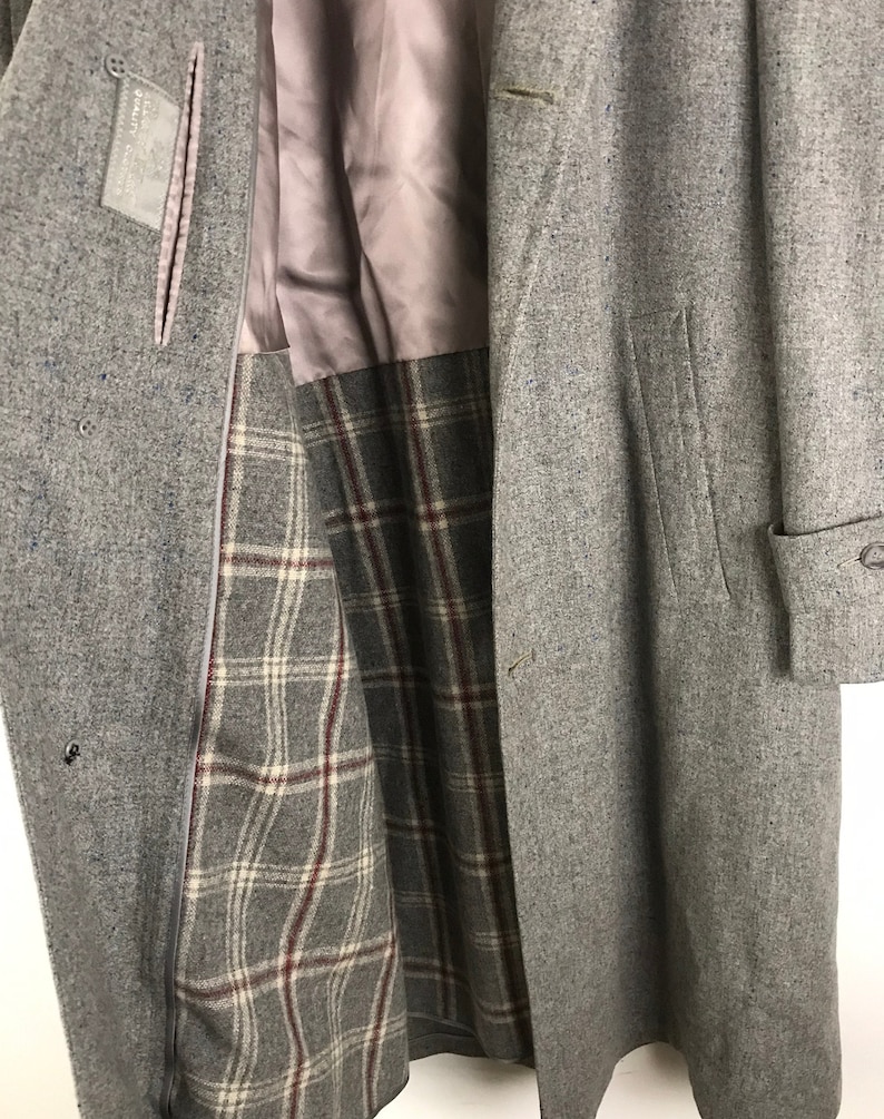 50s Gray Marbled Wool Overcoat with Plaid Lining Mens Size Large High End Coat Vintage Gray Wool Mens Coat 1950s Robert Hall Coat