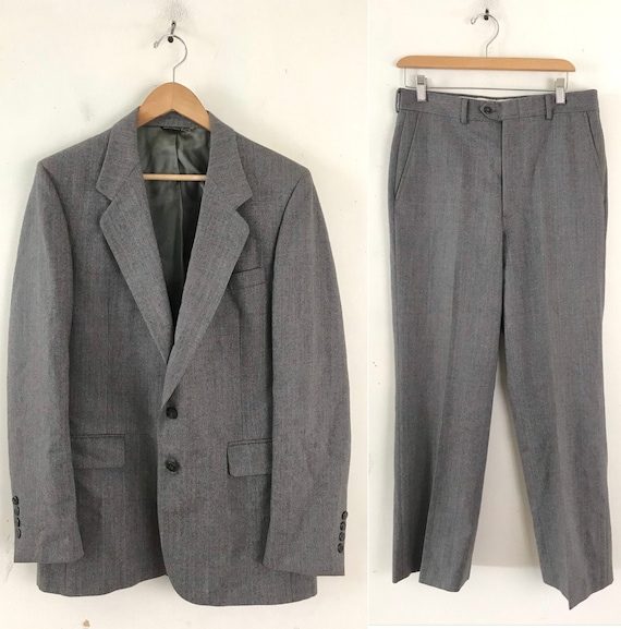 80s Gray Orange Plaid Wool Two Piece Suit Mens Siz