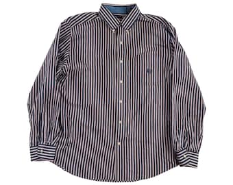 Vintage Blau, Rot, Weiß Gestreiftes Hemd mit Knöpfen für Herren, 1990er Jahre Klassisches Gestreiftes Herrenhemd, Hemd mit Knopfleiste