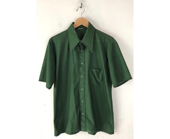 70s Dark Green Plaid Disco Shirt Mens Medium, Butt