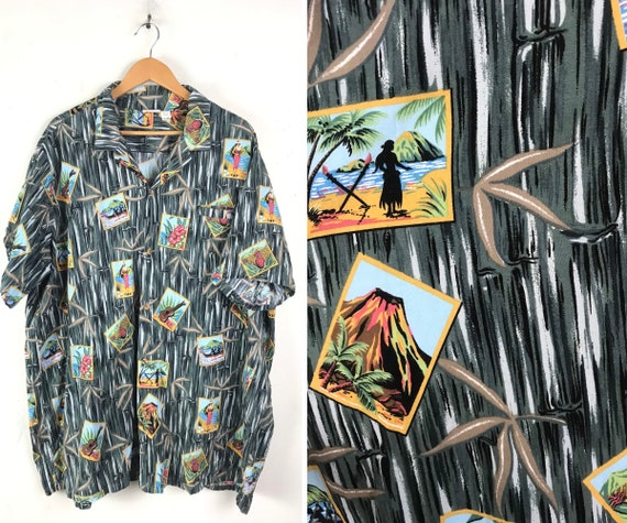 Vintage Island Beach Print Hawaiian Shirt Mens Siz