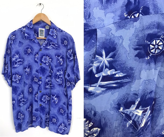 Vintage Mens Nautical Hawaiian Shirt, 90s Blue Wh… - image 1