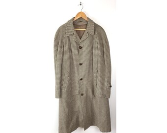 Vintage Mens 1950s Coat, Beige & Brown Plaid Wool Coat Mens Medium, 1950s Classic Brown Plaid Wool Overcoat, Preppy Plaid Winter Long Coat