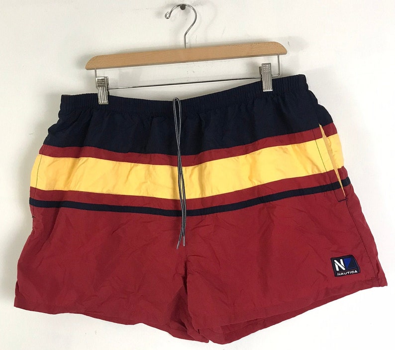 90s Nautica Red Yellow & Red Striped Short Swim Trunks Mens Size XL, Retro Swim Trunks, Short Mens Swim Trunks, Vintage Nautica, Summer image 1