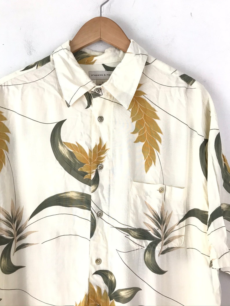 90s Cream Green & Yellow Leaf Print Hawaiian Shirt Mens - Etsy