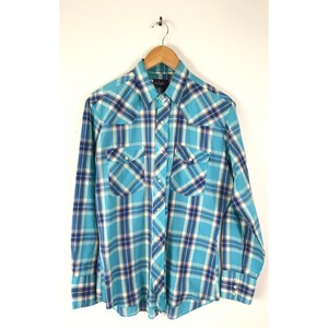 Camicia vintage da uomo in stile western, camicia da uomo Wrangler a quadri blu chiaro e giallo, taglia M, camicia da cowboy a quadri blu brillante anni '90, camicia da rodeo country western