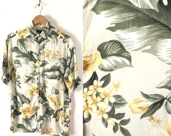 90s Izod Beige Yellow & Green Floral Hawaiian Shirt Mens Large, Vintage Izod Shirt, Floral Mens Hawaiian Shirt, Tropical Flowered Shirt