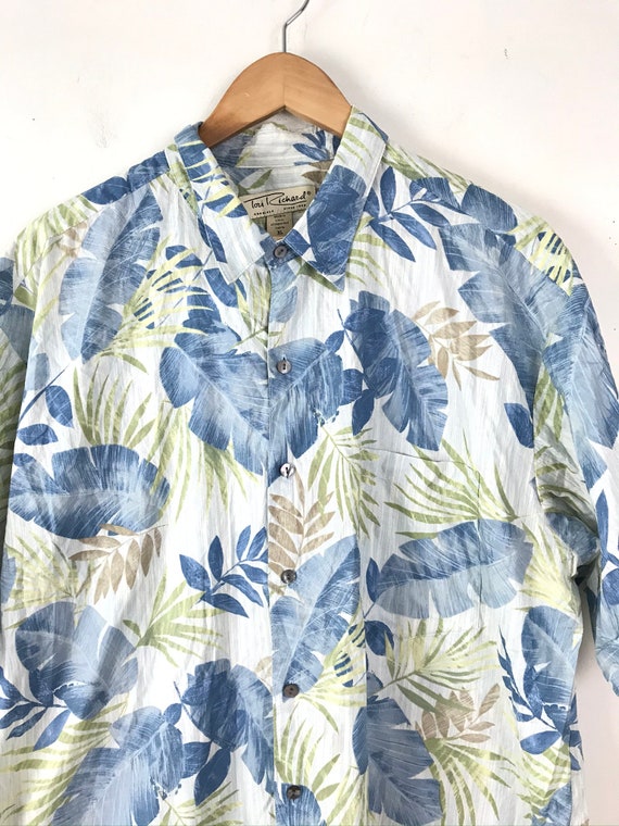 90s Tori Richard Blue & Green Leaf Print Hawaiian… - image 3