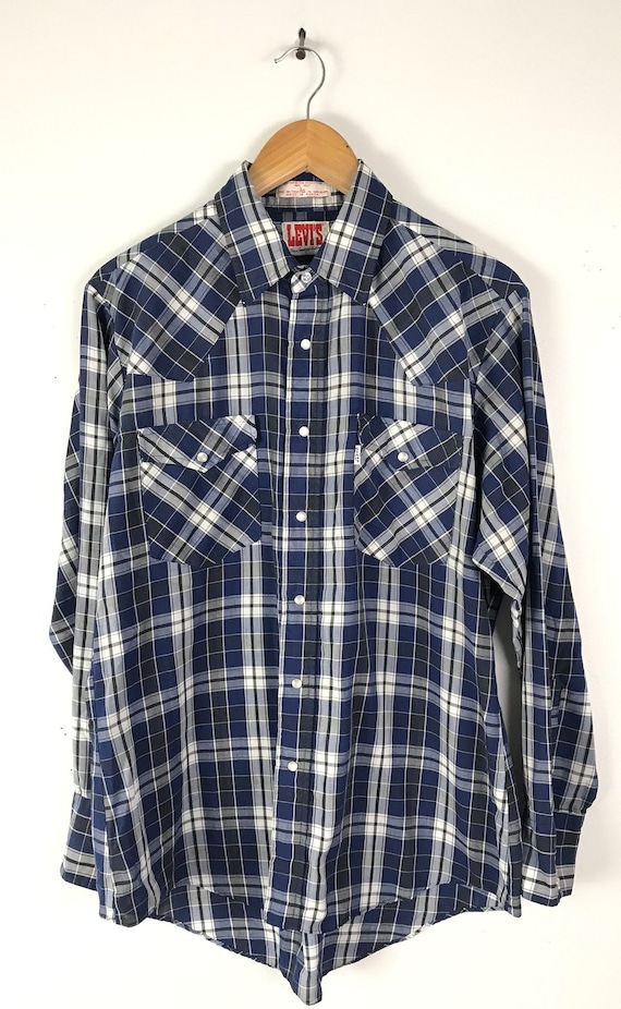 Vintage Levis Blue Black & White Plaid Western Sh… - image 2