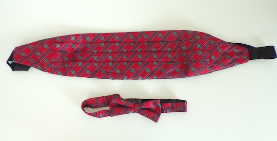 Vintage Red & Blue Abstract Print Cummerbund Bow … - image 1