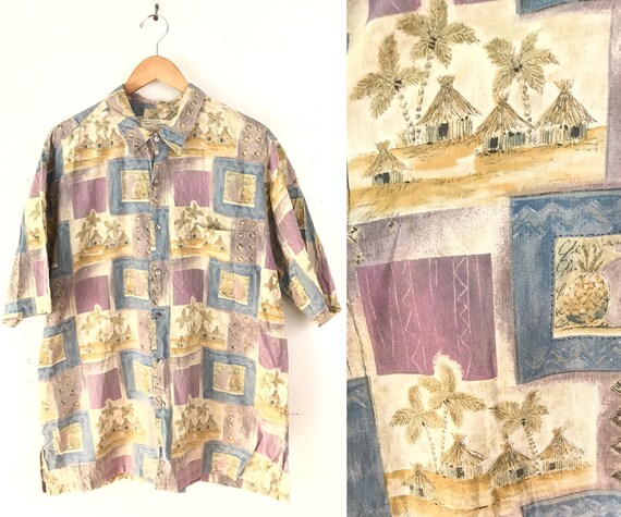 90s Tori Richard Tiki Hut Palm Print Hawaiian Shir