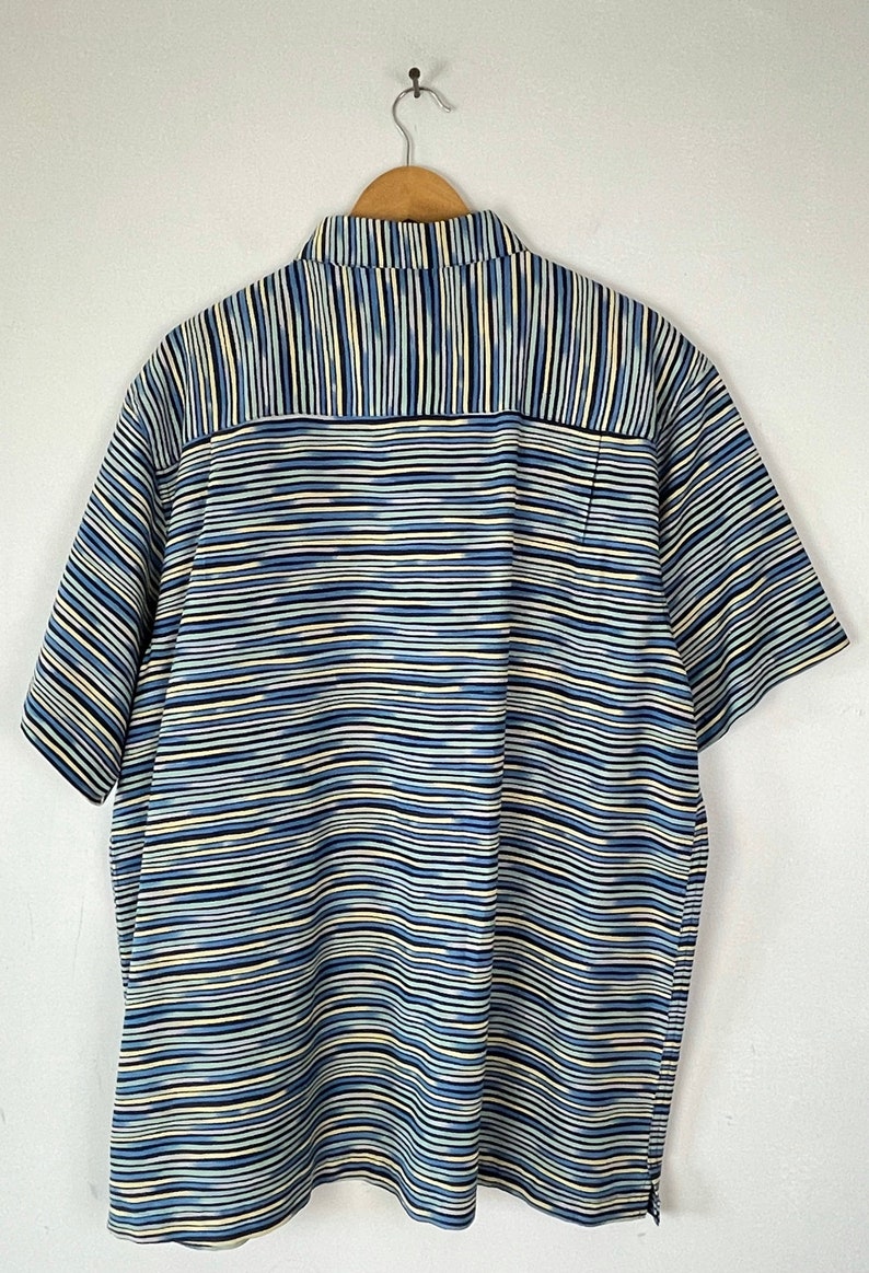 90s Blue Green & Yellow Striped Silk Shirt Mens XL, Preppy Retro Colorful Striped Button Down Shirt, Mens Silk Print Shirt image 5