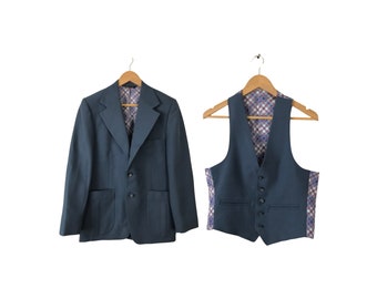 Vintage blauwe herenblazer en vest uit de jaren 50, Johnny Carson set maat 36, formele geklede herenkleding