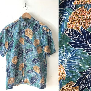 Vintage Mens Pineapple Print Hawaiian Shirt, 1990s Tropical Leaf Print Shirt, Mens Size Medium Pineapple Hawaiian Shirt, Wild Beach Print image 1