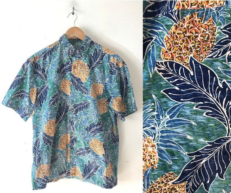 Vintage Mens Pineapple Print Hawaiian Shirt, 1990s Tropical Leaf Print Shirt, Mens Size Medium Pineapple Hawaiian Shirt, Wild Beach Print image 1