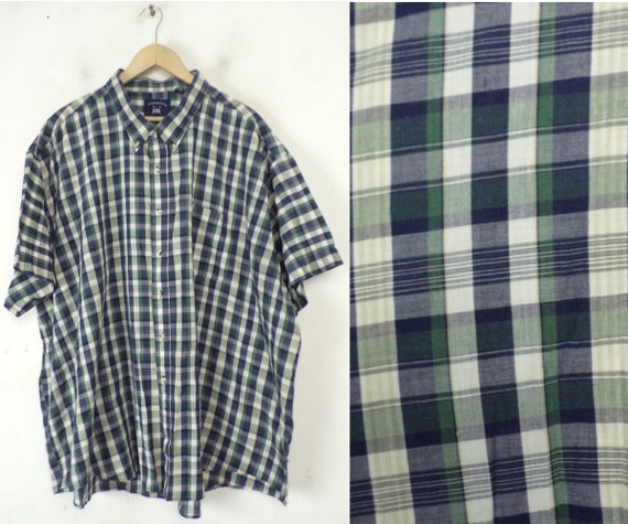 Vintage Mens Plaid Shirt, Size 4X Blue Green & Wh… - image 1