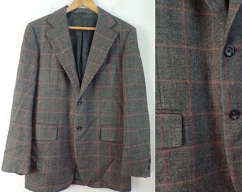 Vintge Mens Plaid Blazer, 1980s Red Gray Size 42 Wool  Plaid Blazer, Gray Blazer, Gray Plaid, Mens Classic Blazer, High End, Plaid, 80s