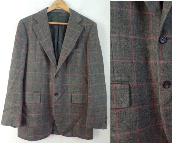 80s Gray & Red Plaid Blazer Mens Size 42, Wool Bla