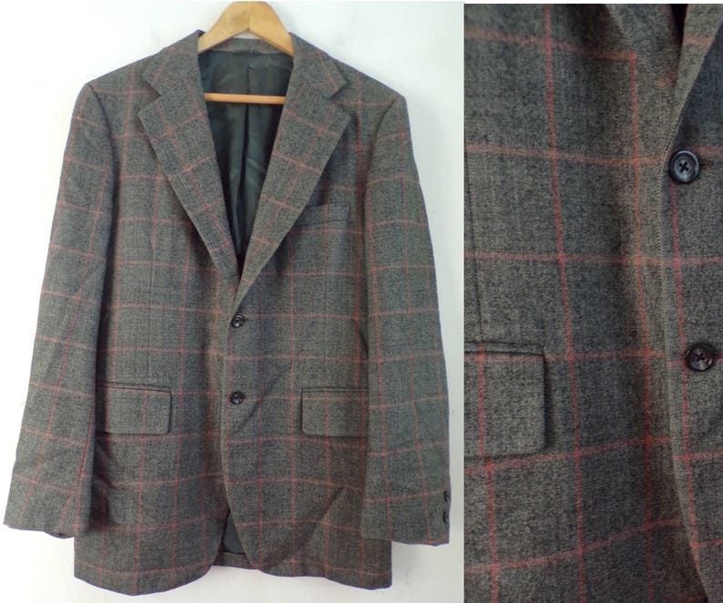 Vintge Mens Plaid Blazer, 1980s Red Gray Size 42 Wool Plaid Blazer, Gray Blazer, Gray Plaid, Mens Classic Blazer, High End, Plaid, 80s image 1
