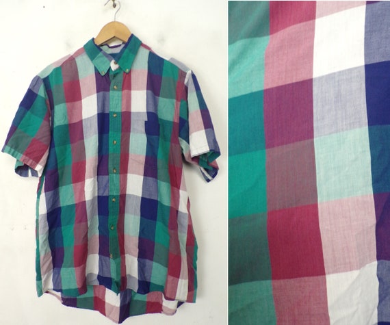 80s Blue Aqua & Pink Plaid Shirt Mens Large, Prepp