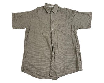 Vintage Perry Ellis Brown Plaid Shirt Mens Large | 1990s Preppy Plaid Button Down Short Sleeve Mens Shirt